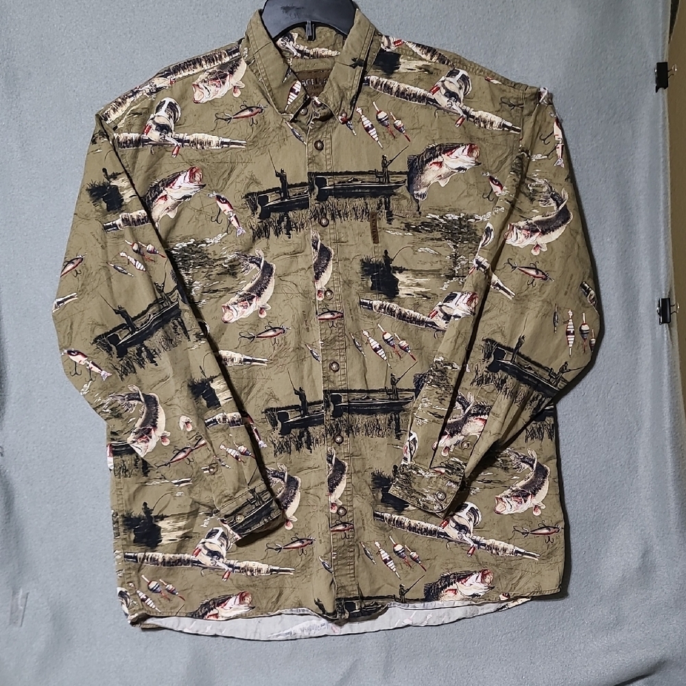 MAGELLAN SPORTSWEAR Men's Olive Green Long Sleeve Fish Print Shirt - Size‎ XL